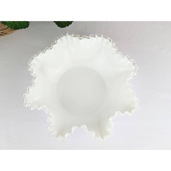 Vtg White Milk Glass Serving Bowl 11" Fenton Silver Crest Footed Double Crimped - Picture 3 of 9